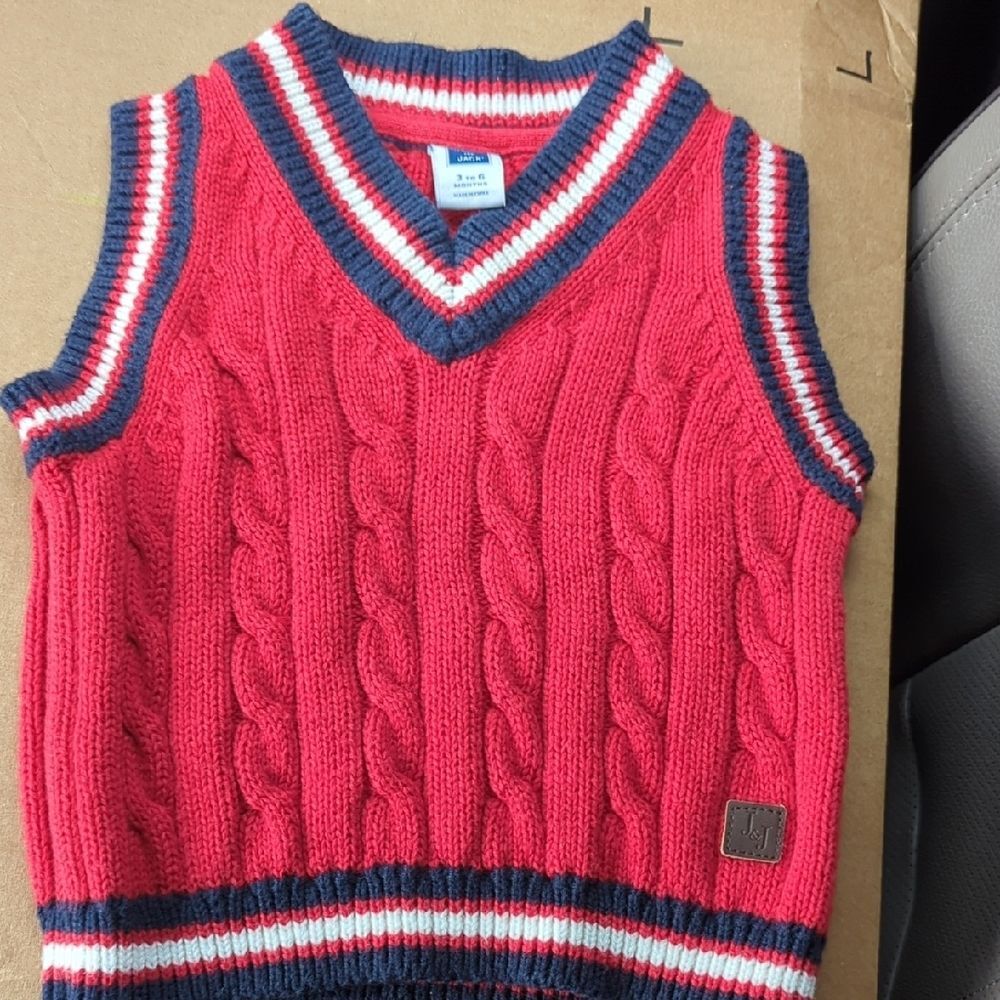 Janie and Jack Red V-Neck Sweater with Blue Accents 3-6 months